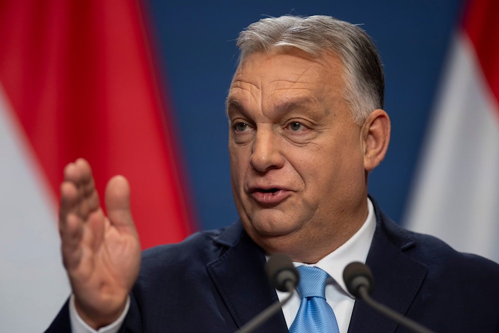 Hungarian Prime Minister Viktor Orban speaks during his annual international press conference in Budapest, Hungary, on December 21, 2024. (AP Photo/Denes Erdos)