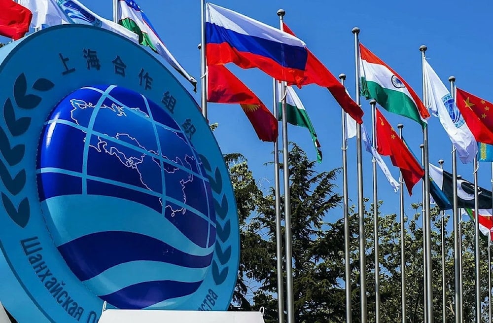 Image of the SCO logo during the the Shanghai Cooperation Organization Summit held virtually in India on July 6, 2023. (Image released by the Russian Embassy in India/Social Media)