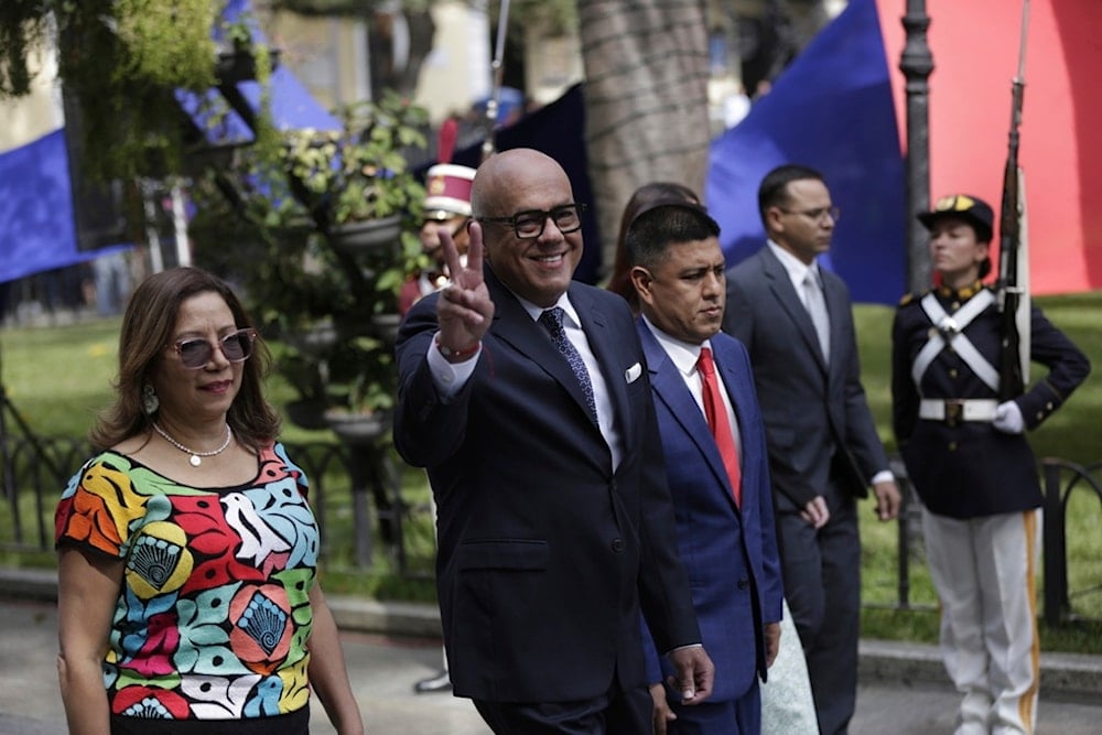 National Assembly President Jorge Rodriguez waves as he walks to congress before the ceremony to open the legislative year in Caracas, Venezuela, Sunday, January 5, 2025 (AP)