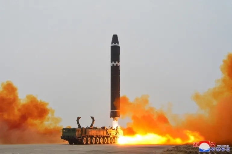 A Hwasong-15 intercontinental ballistic missile [ICBM] is launched at Pyongyang international airport, in Pyongyang, North Korea, in February 2023 (North Korea's Korean Central News Agency (KCNA))