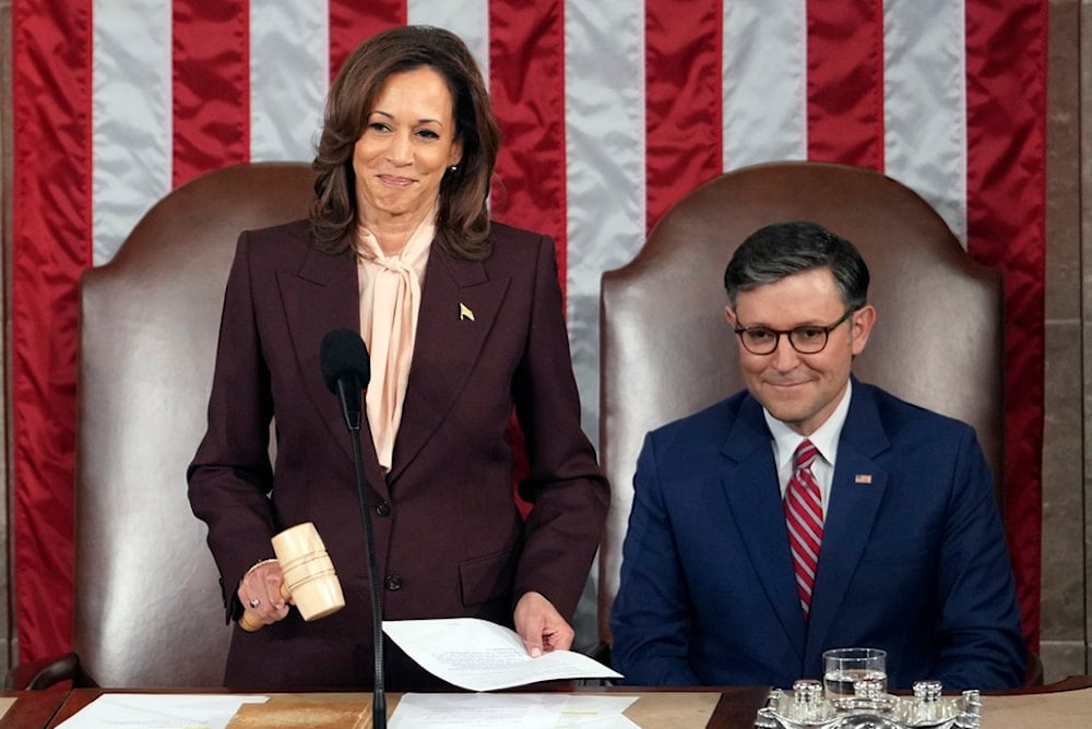 Vice President Kamala Harris and House Speaker Mike Johnson during a joint session of Congress, Monday, January 6, 2025, at the US Capitol in Washington (AP)