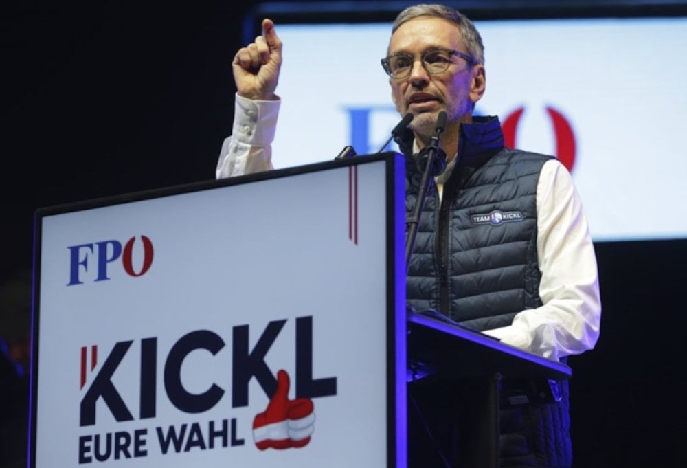 Head of the Freedom Party FPOE Herbert Kickl gestures during his speech at a final election campaign event at St. Stephen’s Square in Vienna, Austria on September 27, 2024. (AP)