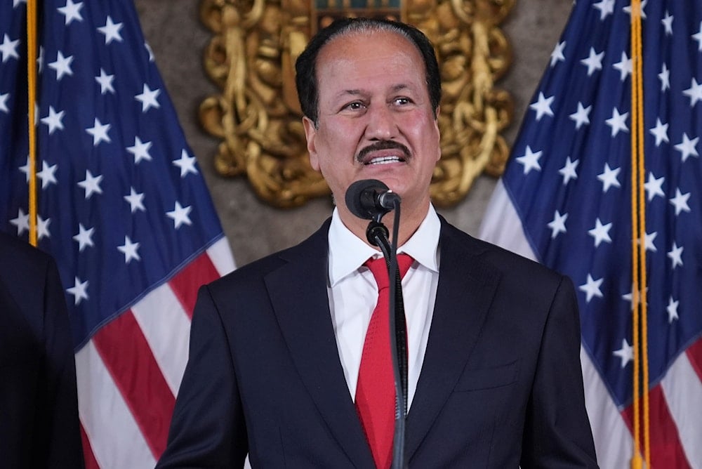 Hussain Sajwani, CEO of DAMAC Properties, speaks during a news conference with President-elect Donald Trump at Mar-a-Lago, on January 7, 2025, in Palm Beach, Fla. (AP)