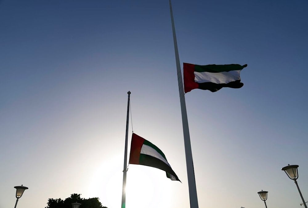 UAE national flags fly at half-mass at the Union House Etihad Museum after the announcement of the Emirates president's death, in Dubai, United Arab Emirates, Friday, May 13, 2022. (AP)