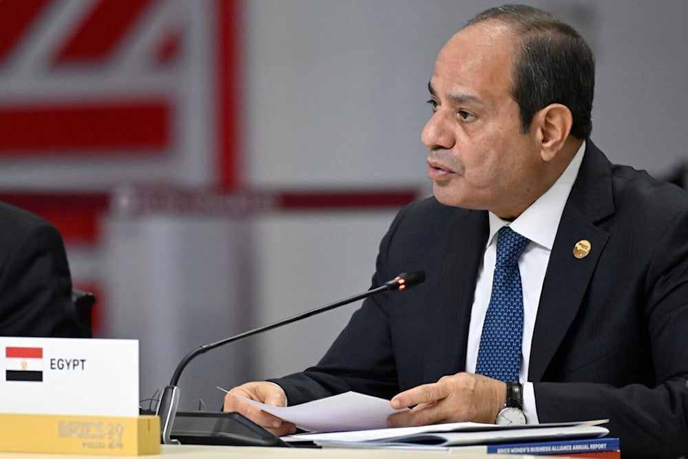 Egyptian President Abdel Fattah el-Sisi speaks at BRICS Summit extended format session in Kazan, Russia, Wednesday, Oct. 23, 2024. (Alexander Nemenov, Pool Photo via AP)