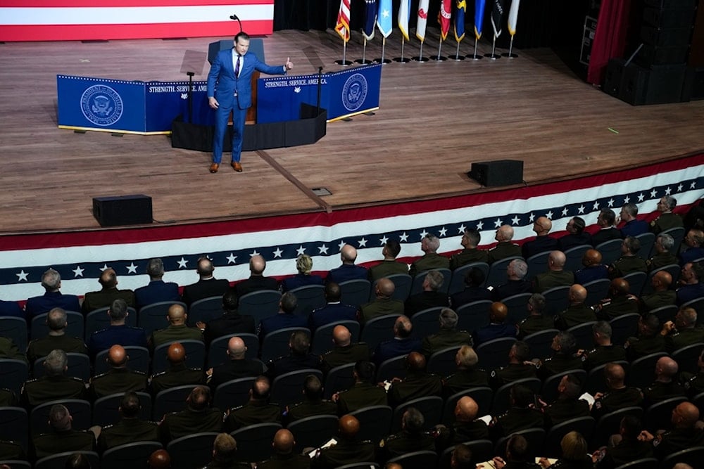Secretary of Defense Pete Hegseth speaks to senior military leaders at Marine Corps Base Quantico, Tuesday, Sept. 30, 2025 in Quantico, Va. (Andrew Harnik/Pool via AP)