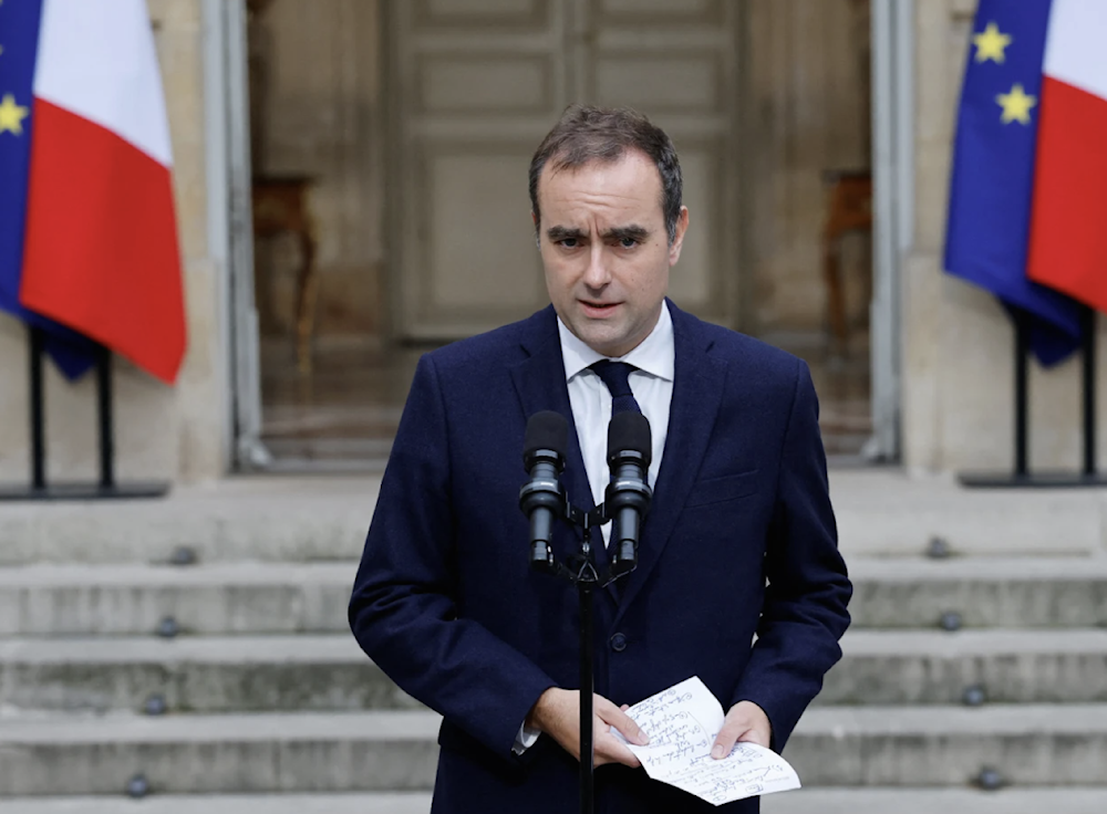 French outgoing PM Sebastian Lecornu makes a statement at the Hotel Matignon, the PM's residence on October 8, 2025. (AP)