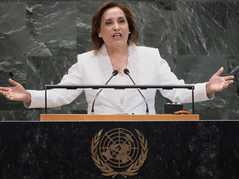 Peru President Dina Ercilia Boluarte Zegarra addresses the 80th session of the UNGA on September 23, 2025. (AP)