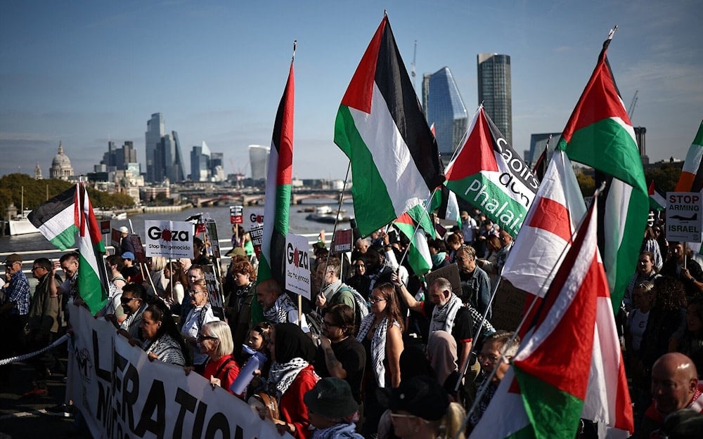 Pro-Palestinian, anti-Israel protesters hold placards and wave flags in central London, on October 11, 2025 (AFP)