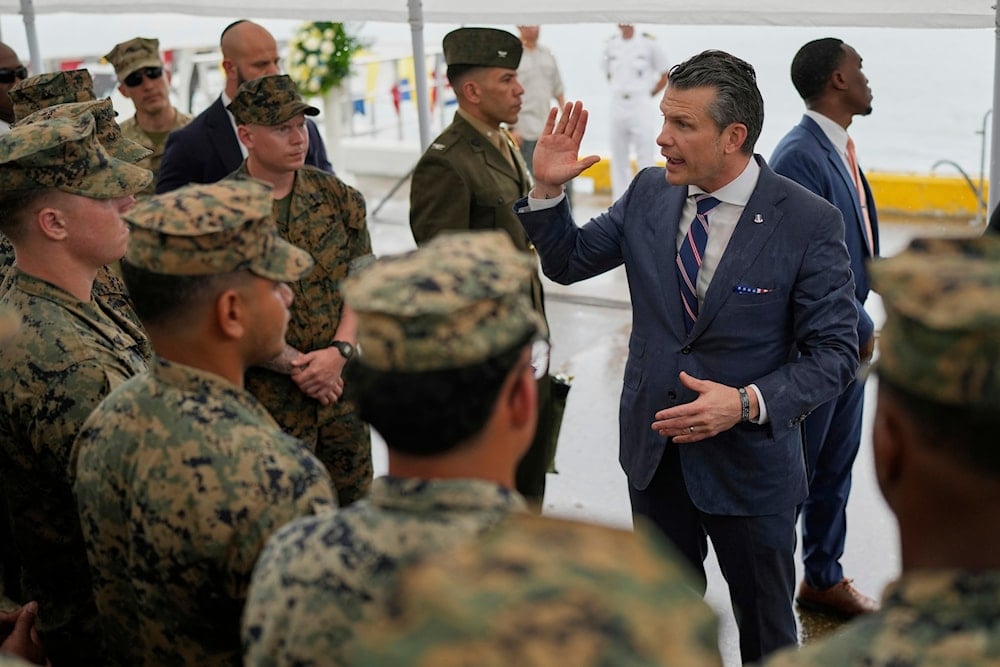 US Defense Secretary Pete Hegseth speaks with US troops in Port of Rodman, West Panama, Tuesday, April 8, 2025 (AP)