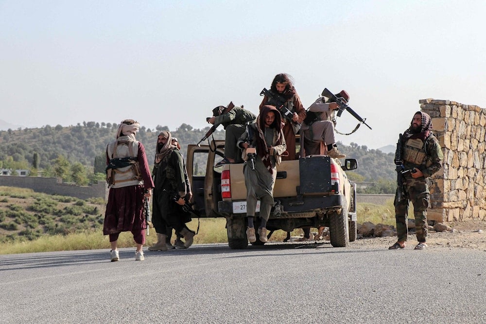 Taliban security personnel arrive to patrol along a road in the Zazai Maidan district of Khost province near the Afghanistan-Pakistan border, October 12, 2025. (AFP Photo)