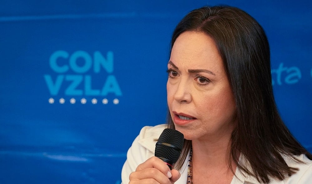 Opposition leader Maria Corina Machado gives a press conference before the opposition's closing election campaign rally in Caracas, Venezuela, July 25, 2024. (AP)