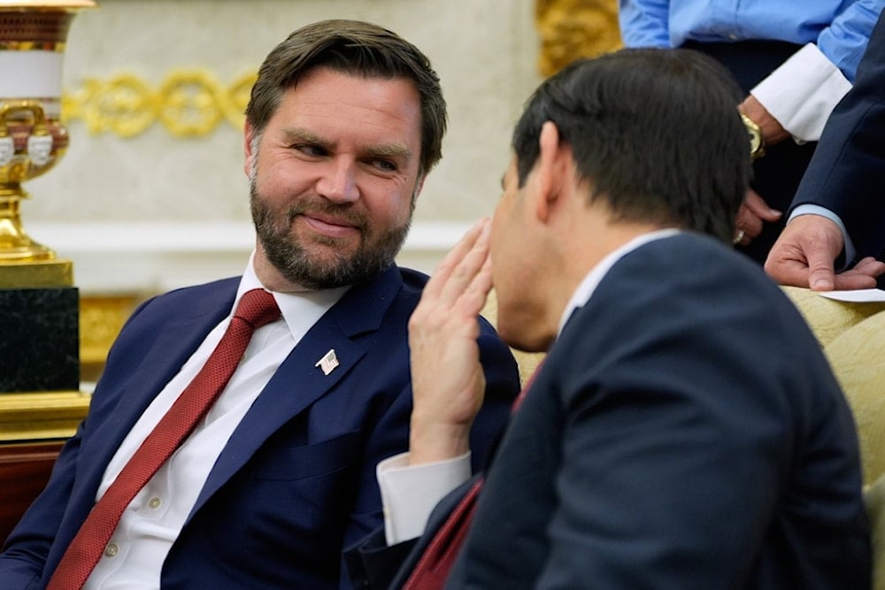 Secretary of State Marco Rubio whispers to Vice President JD Vance as President Donald Trump and Finland's President Alexander Stubb meet in the Oval Office at the White House, Thursday, October 9, 2025, in Washington (AP)