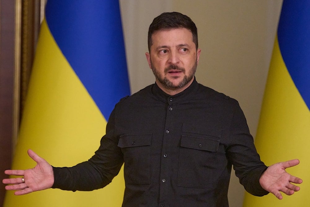 Ukrainian President Volodymyr Zelensky talks during his press conference in Kyiv, Ukraine, Friday, October 10, 2025. (AP Photo/Efrem Lukatsky)