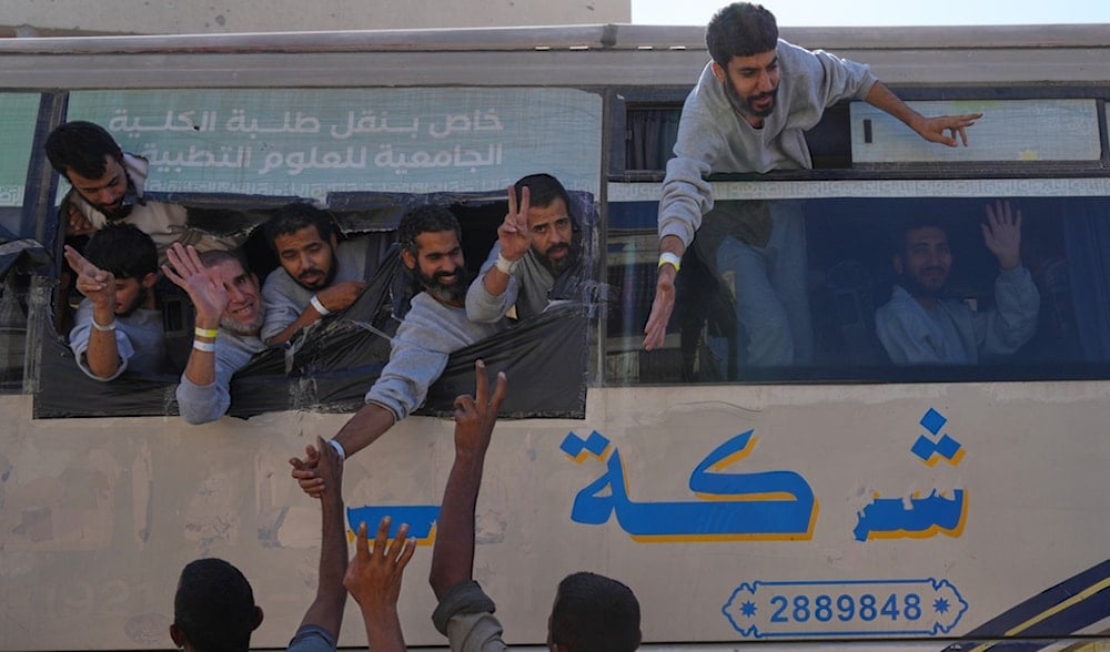 Freed Palestinian prisoners are greeted as they arrive in the Gaza Strip after their release from Israeli jails, in Khan Younis, southern Gaza Strip, Monday, Oct. 13, 2025. (AP)