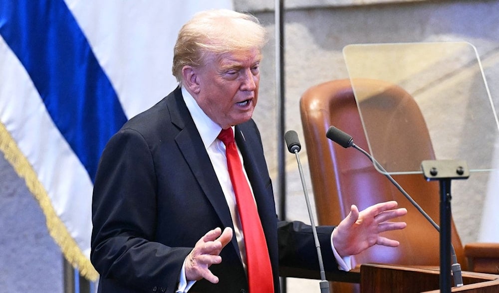 President Donald Trump speaks at the Knesset, Monday, Oct. 13, 2025, in al-Quds. (AP)