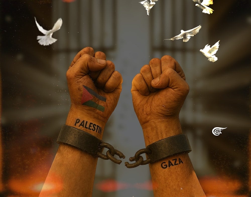 Illustration of fists breaking shackles, representing the liberation of Palestinian detainees from Israeli prisons. (Illustrated by: AL Mayadeen English/Batoul Chamas)
