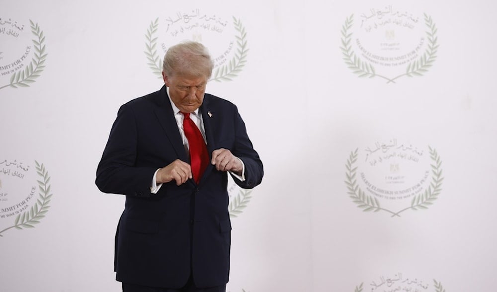 President Donald Trump waits during the greetings ceremony at the Gaza Summit, in Sharm el-Sheikh, Egypt, Oct.13 2025. (AP)