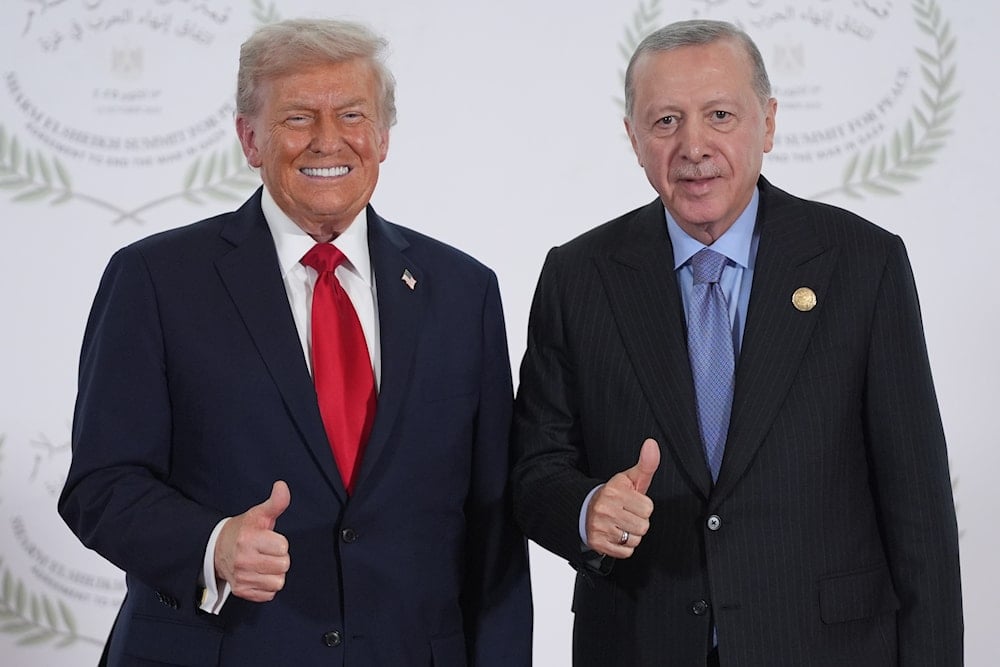 President Donald Trump greets Turkey's President Recep Tayyip Erdogan during a summit to support ending the Israeli war on Gaza after a breakthrough ceasefire deal, Monday, Oct. 13, 2025, in Sharm El Sheikh, Egypt (AP)
