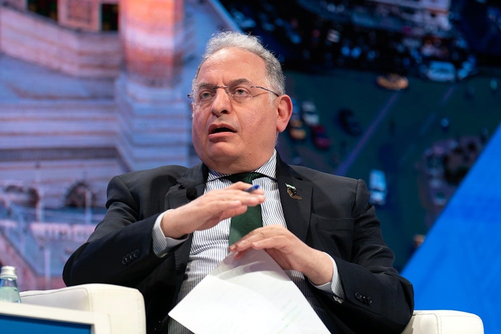 Syrian Finance Minister Mohammed Yisr Barnieh speaks at Governor Talks conference during the World Bank/IMF Annual Meetings at the International Monetary Fund (IMF) headquarters in Washington, Wednesday, Oct. 15, 2025 (AP)