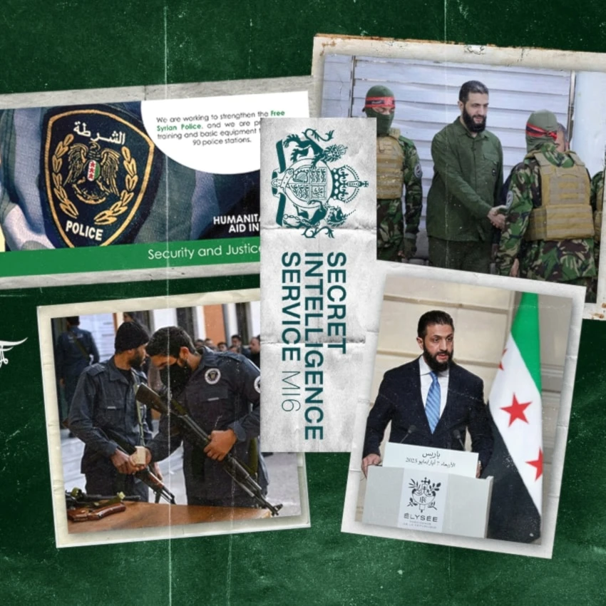 Documents submitted to the UK Foreign Office by ARK - founded by MI6's Alistair Harris - noted the FSP were “revolutionary entities who share a general ideological affinity with the Syrian rebels.” (Al Mayadeen English; Illustrated by Zeinab el-Hajj)