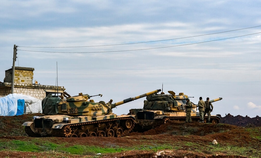Turkish army tanks stationed in the east of Idlib, Syria, Saturday, Feb. 15, 2020. (AP Photo)