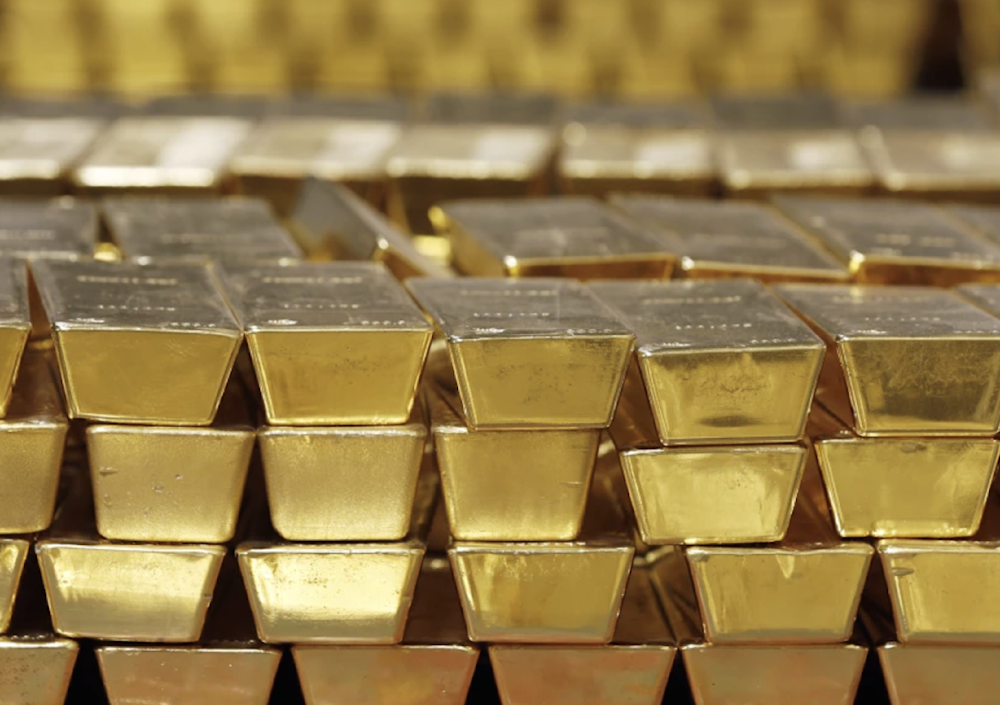Gold bars are stacked in a vault at the US Mint in West Point, New York on July 22, 2014. (AP)