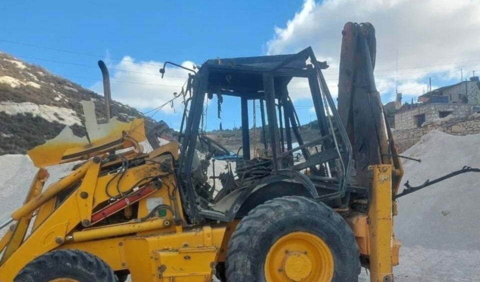 A bulldozer targeted by an Israeli drone in Deir Kifra, South Lebanon, October 18, 2025 (Social Media)