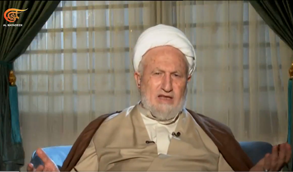 Iraqi religious leader Sheikh Jawad al-Khalisi on Al Mayadeen Plus, October 18, 2025 (Screengrab)