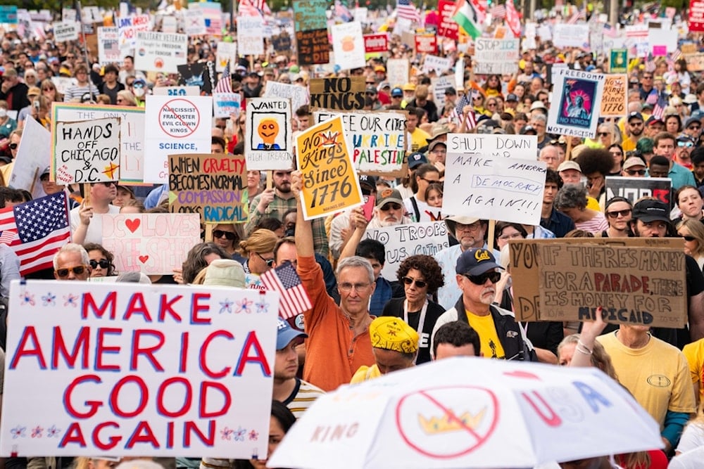 Crowds gather to listen to Sen. Bernie Sanders, I-Vt., during a No Kings protest, Saturday, October 18, 2025, in Washington (AP)