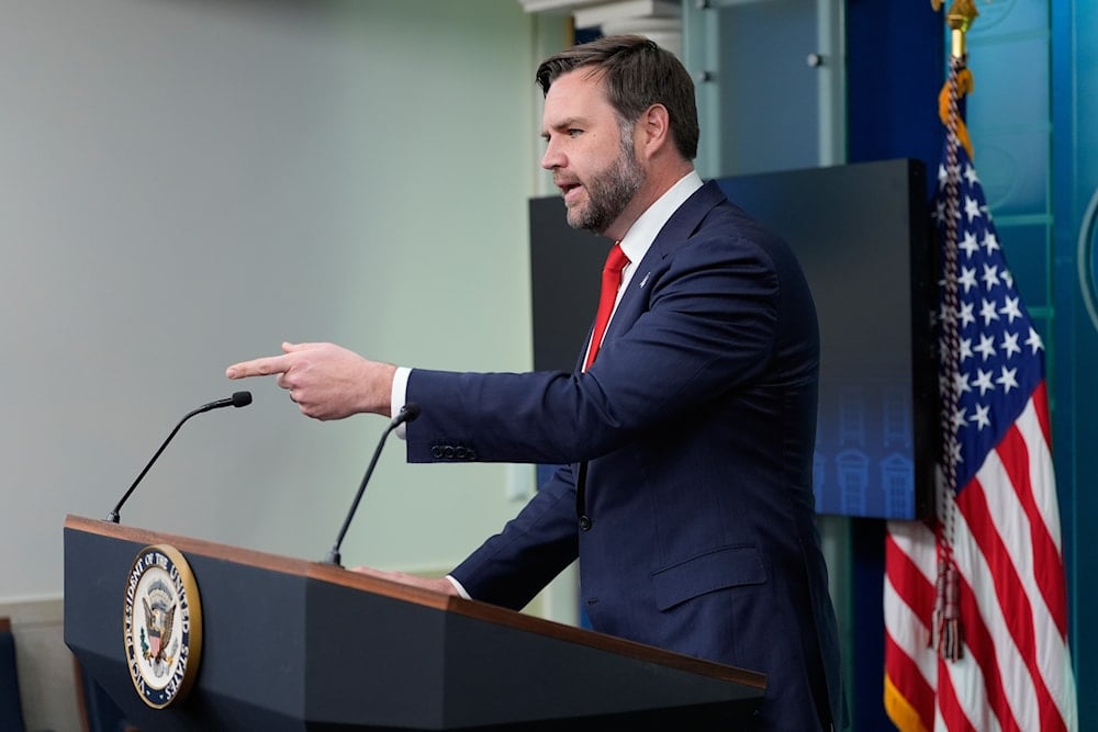 Vice President JD Vance speaks with reporters in the James Brady Press Briefing Room at the White House, Wednesday, Oct. 1, 2025, in Washington (AP)