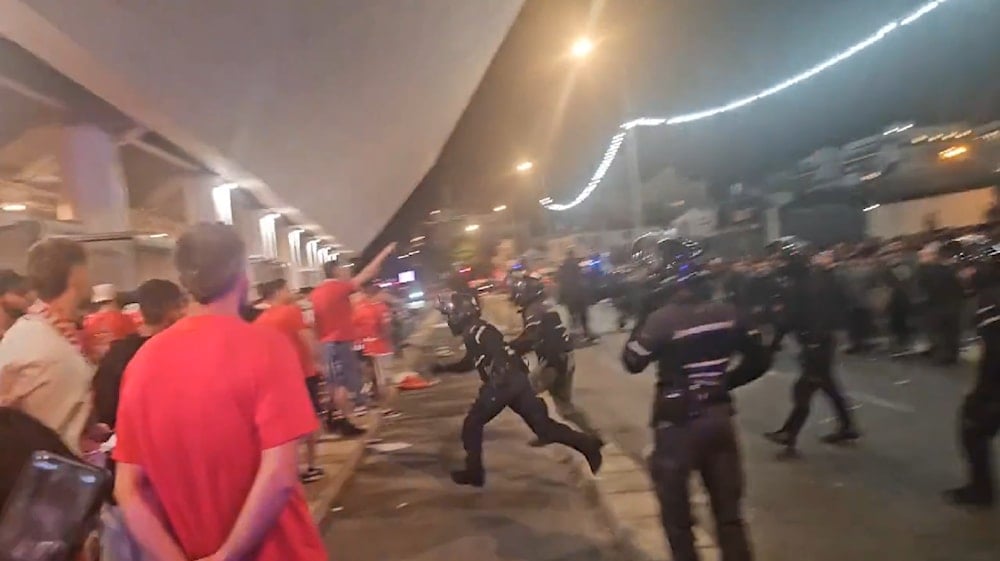 Footage circulating online shows Israeli football fans clashing with police outside Bloomfield Stadium, Yaffa. (@WithyGrove, X)