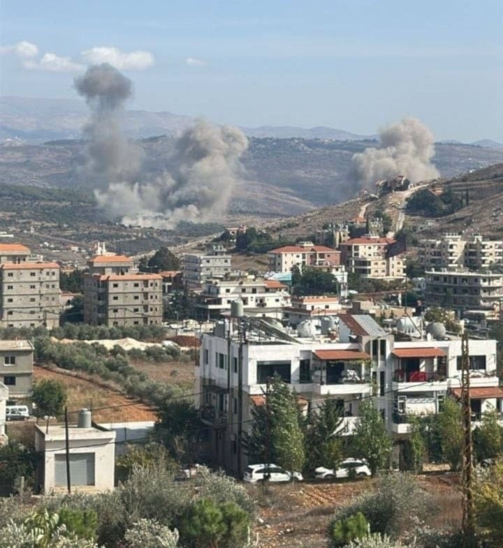 Smoke plumes rise between al-Jarmak and al-Mahmoudiya in southern Lebanon following Israeli strikes on October 20, 2025 (Social media)