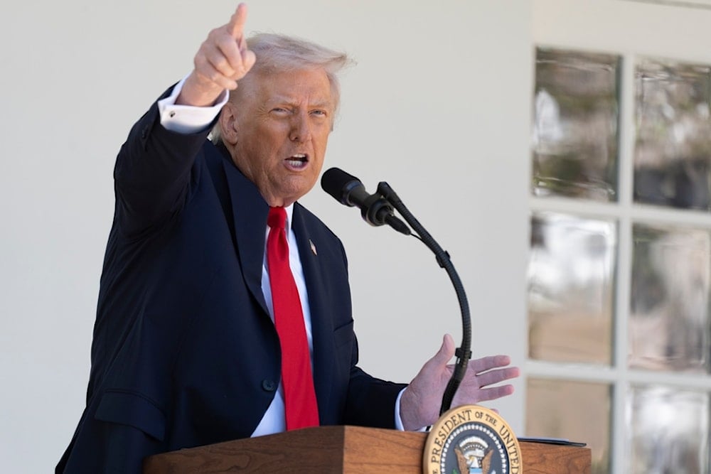 President Donald Trump speaks as he hosts a lunch with Republican Senators on the Rose Garden patio at the White House, Tuesday, October 21, 2025, in Washington (AP)