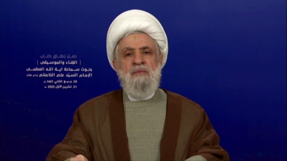 Hezbollah Secretary-General Sheikh Naim Qassem during a public address on October 21, 2025 (Screengrab)