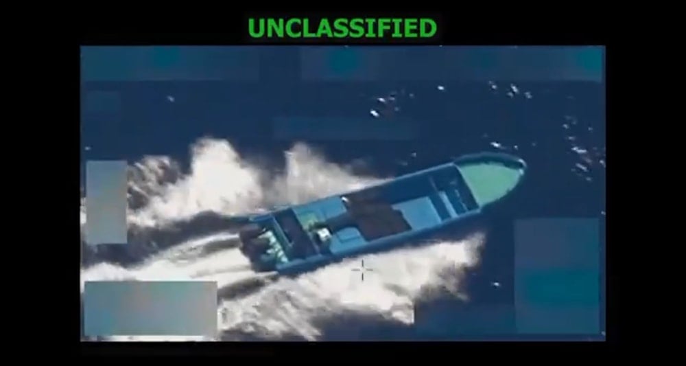 A boat off the coast of Colombia in the Pacific Ocean before being struck by US forces, October 22, 2025 (X/ @SecWar)