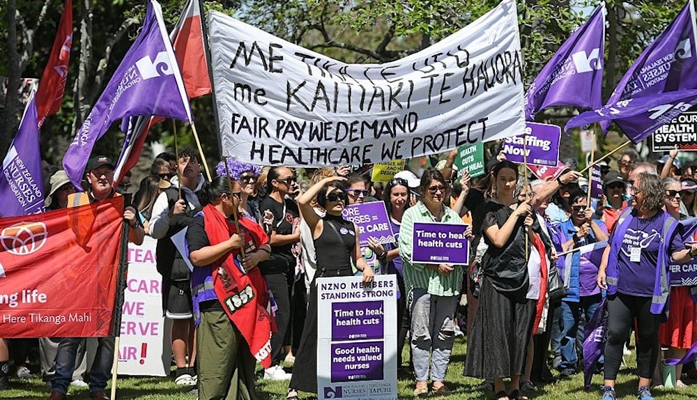 100,000 strike in New Zealand over Public service cuts, undated. (Getty Images/AFP)