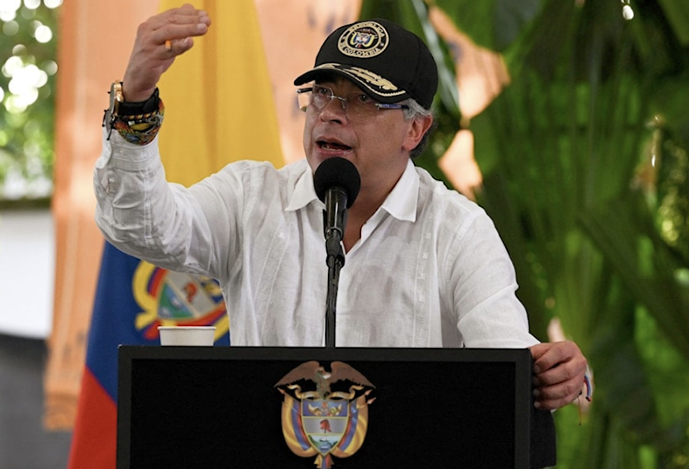 Colombian President Gustavo Petro speaks during a ceremony to destroy war materials in Puerto Asis, Colombia (AFP)
