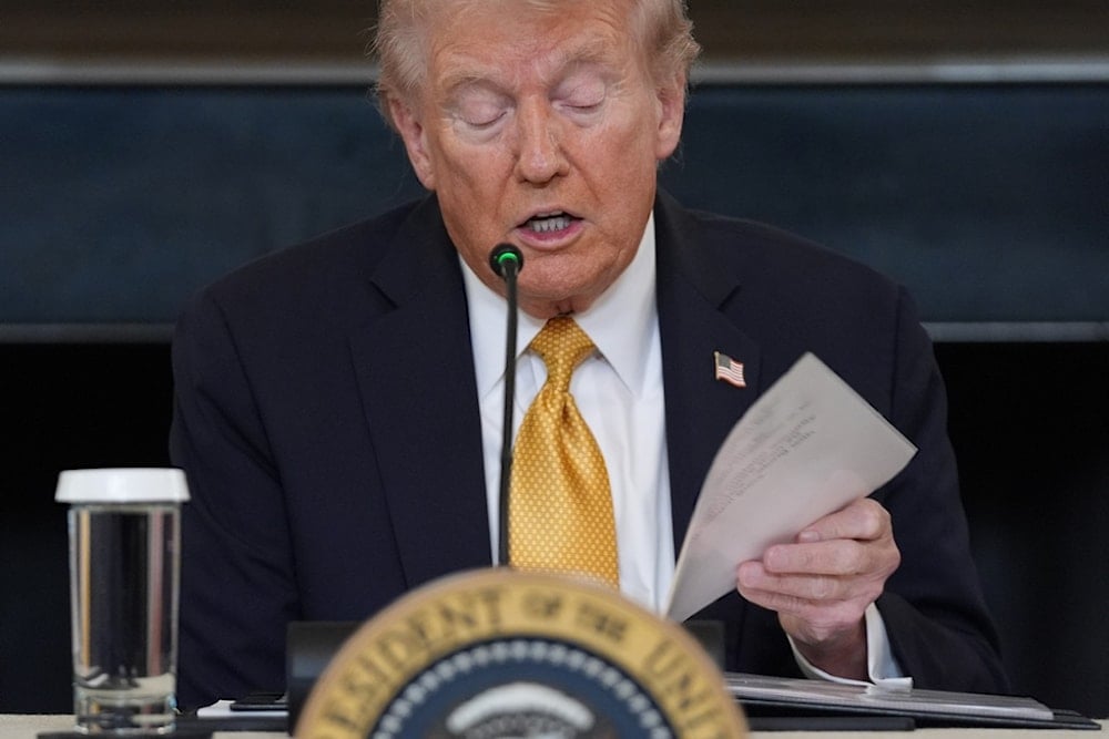 US President Donald Trump speaks during a roundtable on criminal cartels in the State Dining Room of the White House, Thursday, October 23, 2025, in Washington. (AP Photo/Evan Vucci)