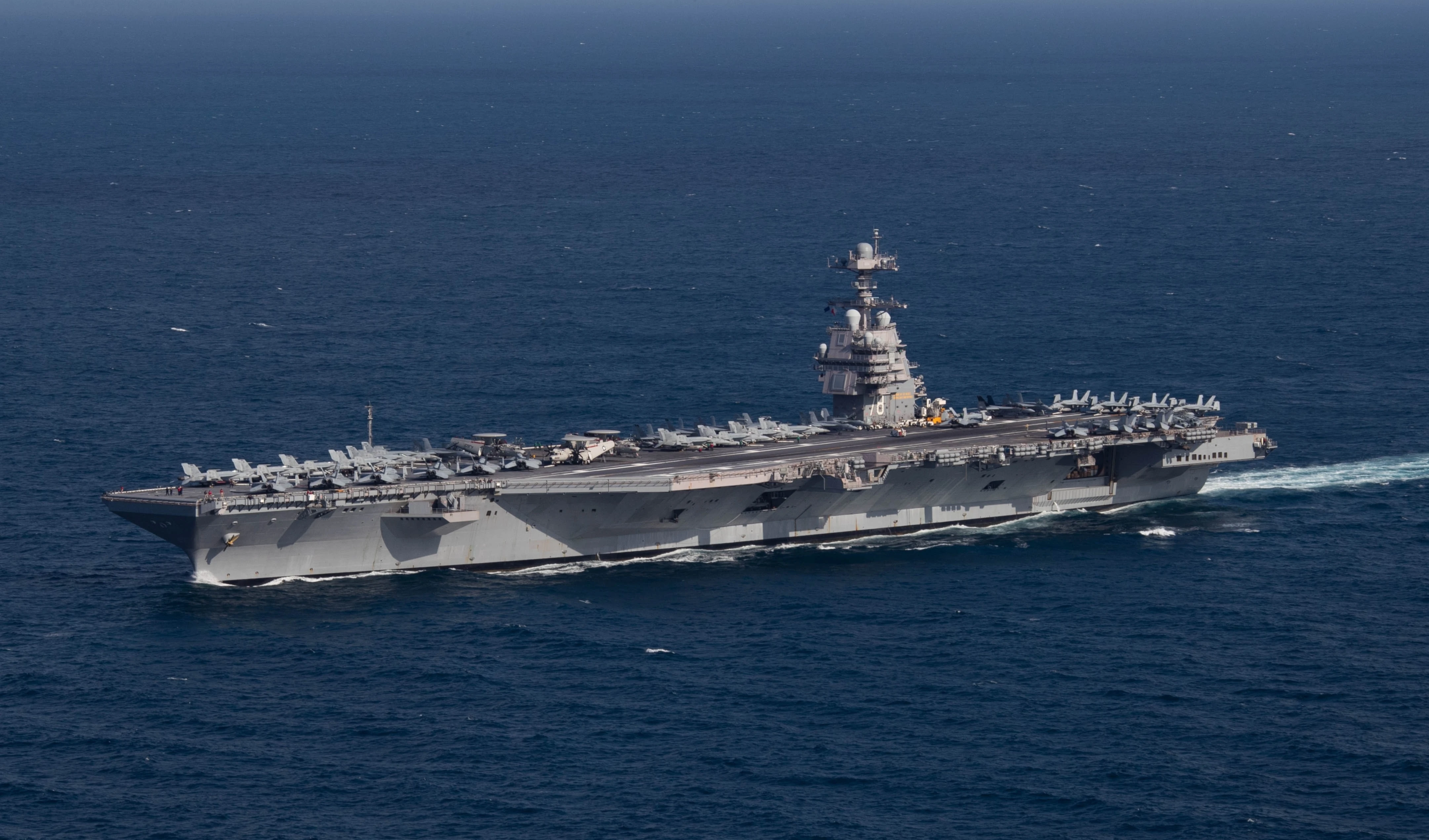 The US Navy aircraft carrier USS Gerald R. Ford (CVN-78) steams the Atlantic Ocean during a simulated straits transit with the Gerald R. Ford Carrier Strike Group in the Atlantic Ocean, October 9, 2022. (US Navy) The US Navy aircraft carrier USS Gerald R. Ford (CVN-78) steams the Atlantic Ocean during a simulated straits transit with the Gerald R. Ford Carrier Strike Group in the Atlantic Ocean, October 9, 2022. (US Navy)