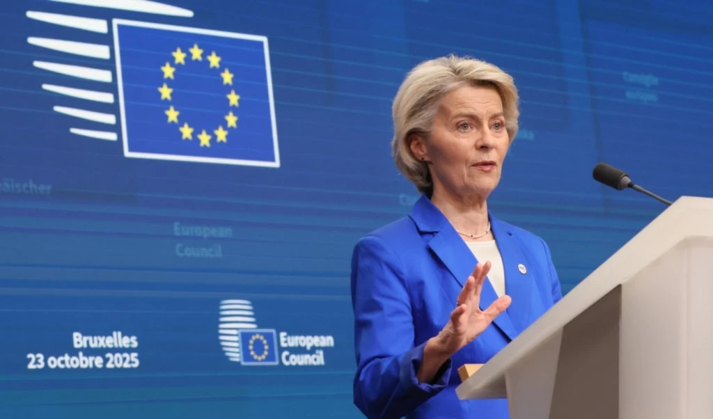 European Commission President Ursula von der Leyen addresses a media conference at the conclusion of an EU Summit in Brussels, Thursday, Oct. 23, 2025. (AP) European Commission President Ursula von der Leyen addresses a media conference at the conclusion of an EU Summit in Brussels, Thursday, Oct. 23, 2025. (AP)