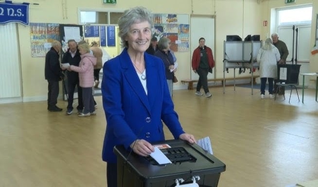 Frontrunner Catherine Connolly votes in Irish presidential election in Galway, October 24, 2025 (AFP)