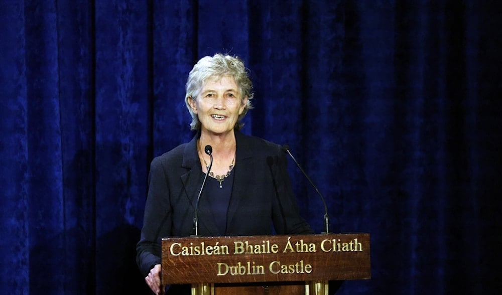 Catherine Connolly speaks after being after being elected as the new President of Ireland at Dublin Castle, Ireland, Saturday, Oct. 25, 2025. (AP)