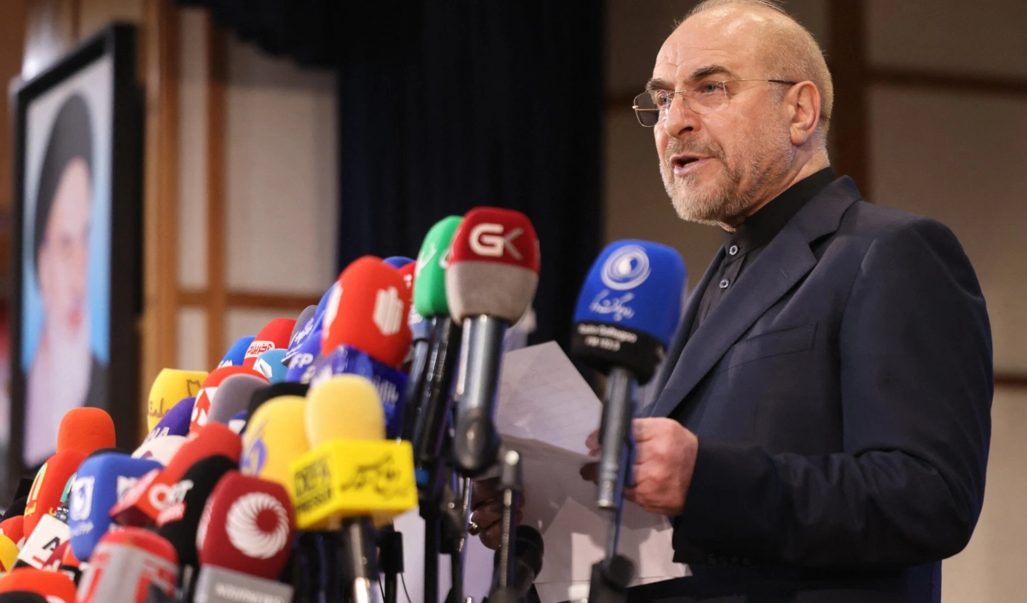 Iran's Parliament Speaker Mohammad Bagher Ghalibaf addresses the media after submitting his candidacy for the Islamic Republic's upcoming presidential election in Tehran on June 3, 2024 (AP) Iran's Parliament Speaker Mohammad Bagher Ghalibaf addresses the media after submitting his candidacy for the Islamic Republic's upcoming presidential election in Tehran on June 3, 2024 (AP)
