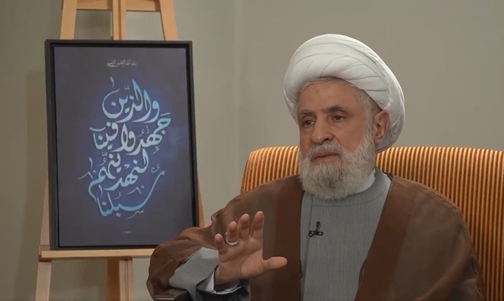 Sheikh Naim Qassem speaks during an interview with Al-Manar TV, October 26, 2025 (Screenshot)