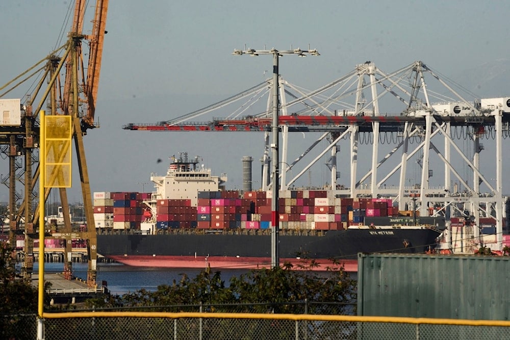 FILE - The NYK Meteor container ship is moored at the Port of Los Angeles on April 9, 2025, in Los Angeles. (AP Photo/Damian Dovarganes, File)
