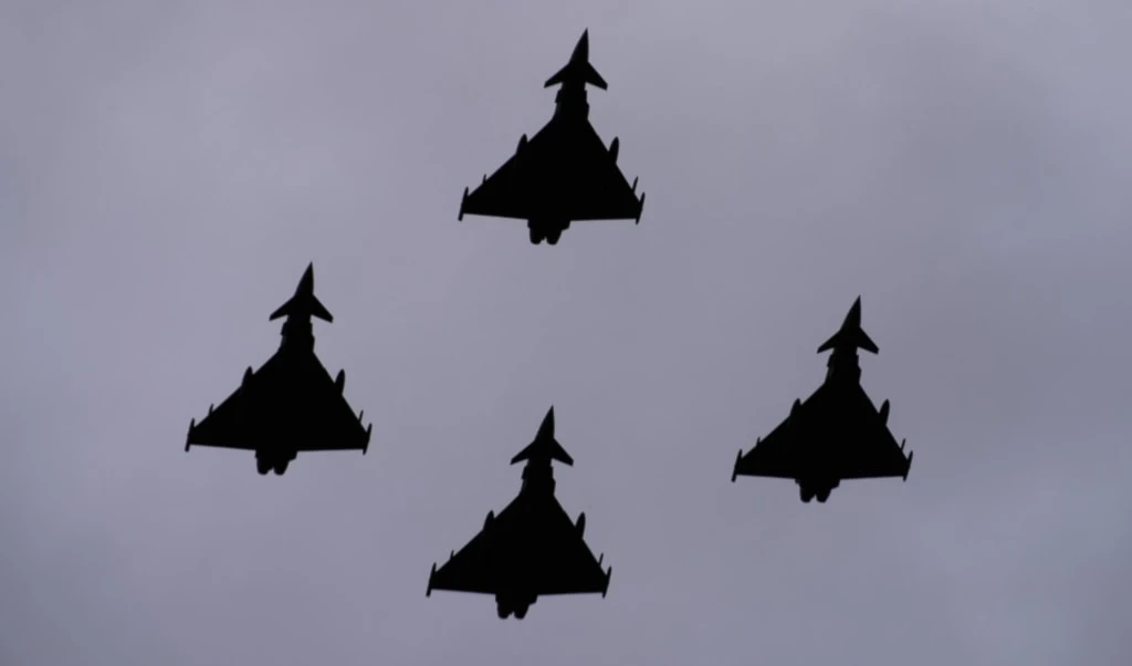 Eurofighter Typhoon Spain's Air Force fighter jets fly above the military parade marking 'Día de la Hispanidad', or Hispanic Day, in Madrid, Spain, Sunday, Oct. 12, 2025. (AP) Eurofighter Typhoon Spain's Air Force fighter jets fly above the military parade marking 'Día de la Hispanidad', or Hispanic Day, in Madrid, Spain, Sunday, Oct. 12, 2025. (AP)