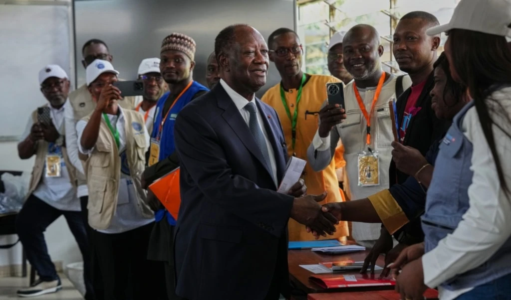 Ivory Coast President Alassane Ouattara arrives to cast his vote at a polling station during the presidential elections in Abidjan, Ivory Coast, Saturday, Oct. 25, 2025. (AP Photo/Misper Apawu) Ivory Coast President Alassane Ouattara arrives to cast his vote at a polling station during the presidential elections in Abidjan, Ivory Coast, Saturday, Oct. 25, 2025. (AP Photo/Misper Apawu)