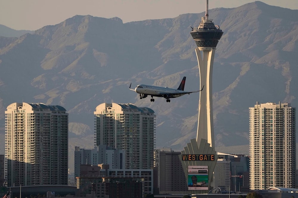 Delta Air Lines flight lands at Harry Reid International Airport, Wednesday, April 9, 2025, in Las Vegas (AP)