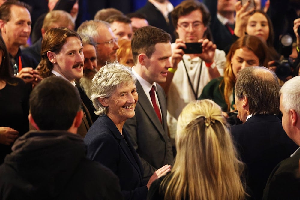Catherine Connolly smiles to supporters after being elected as the new President of Ireland at Dublin Castle, Ireland, Saturday, Oct. 25, 2025. (AP)